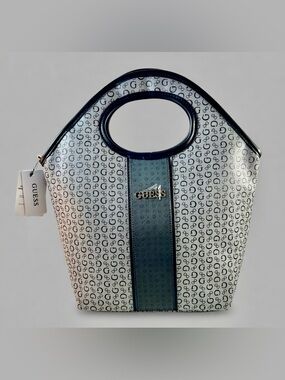 GUESS Cut Out Insulated Lunch Tote Charcoal Gray & Black 15x14x5 RCS9478081